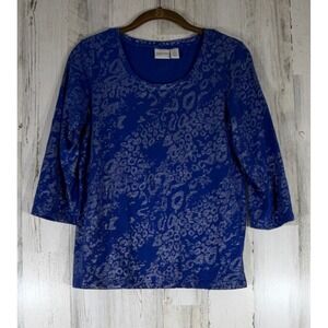 Chicos Zenergy Top Size 1 Small Blue Silver Metallic Leopard 3/4 Sleeve Cotton